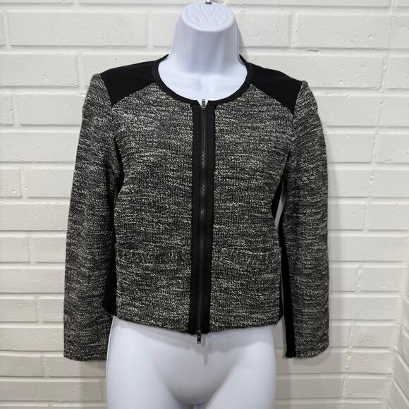 Eileen Fisher Collarless Tweed Crop Jacket Full Zip Italian Ponte Black White XS - Picture 2 of 14